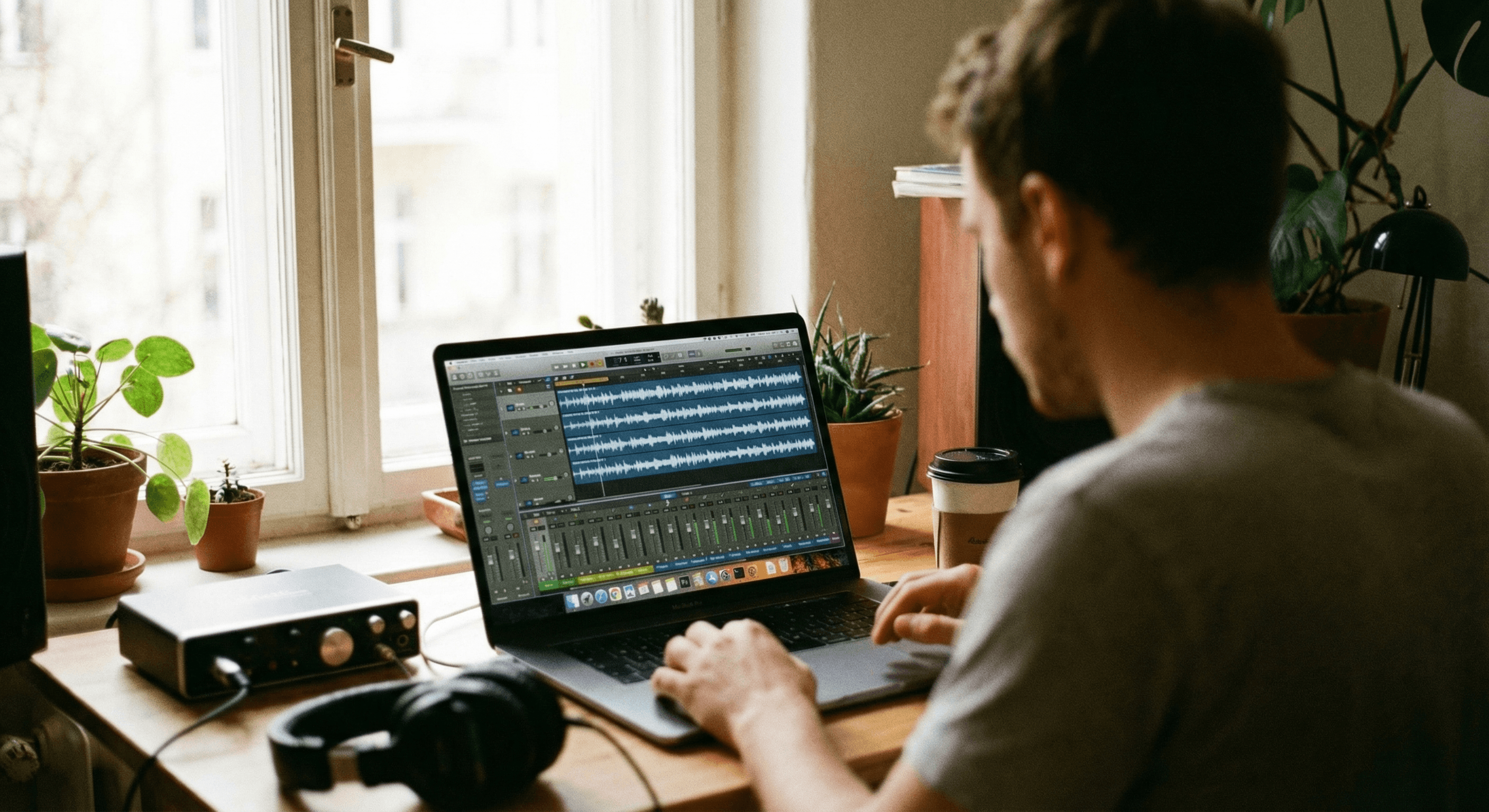 DAW waveforms comparison on laptop screen — AI vocal enhancement
