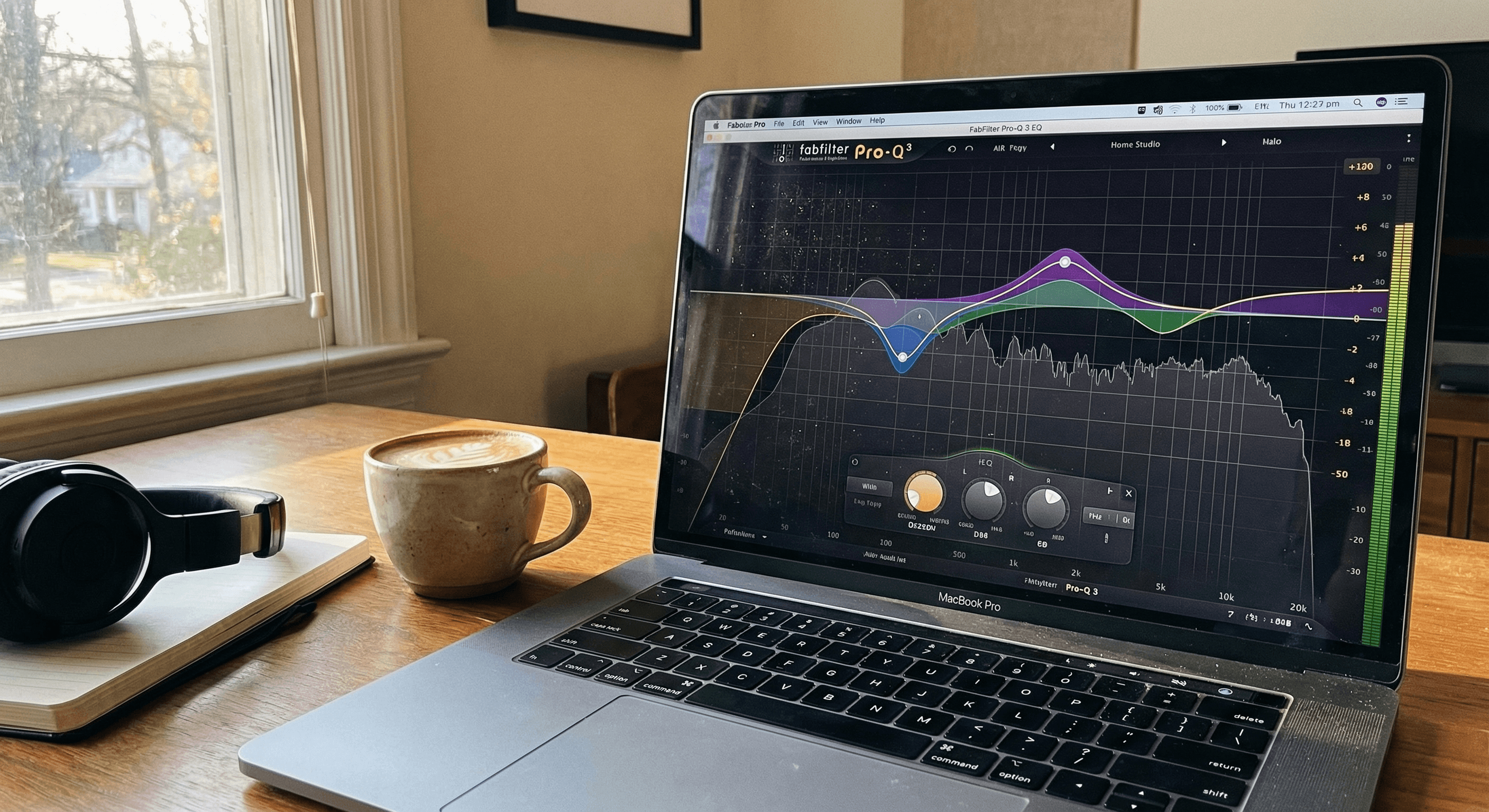 EQ plugin window on a laptop screen in a home studio